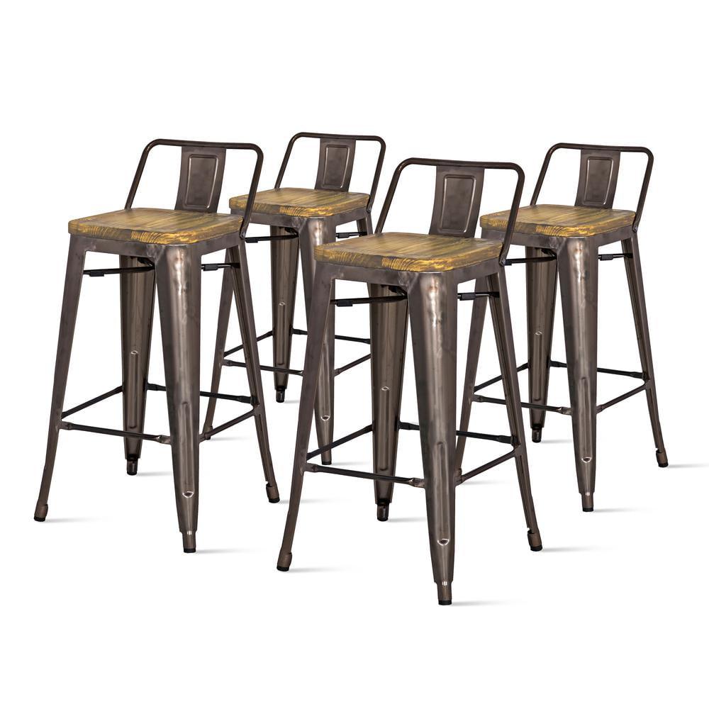 Metropolis Low Back Counter Stool Set in Gunmetal Grey with Pine Wood Seat