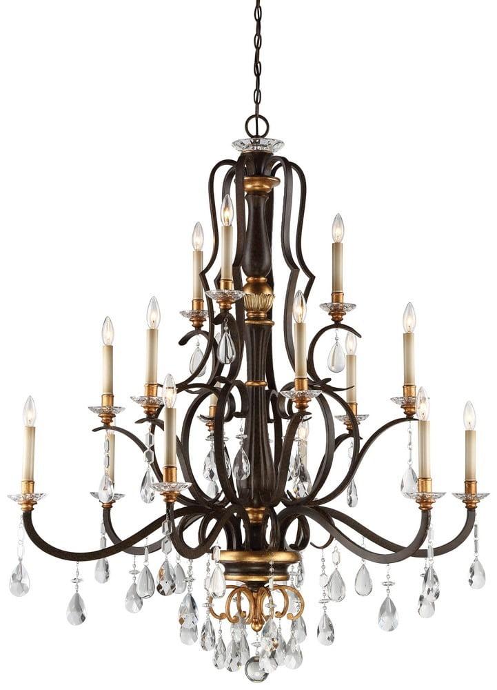 Raven Bronze and Sunburst Gold Leaf 15-Light Candle Style Tiered Chandelier