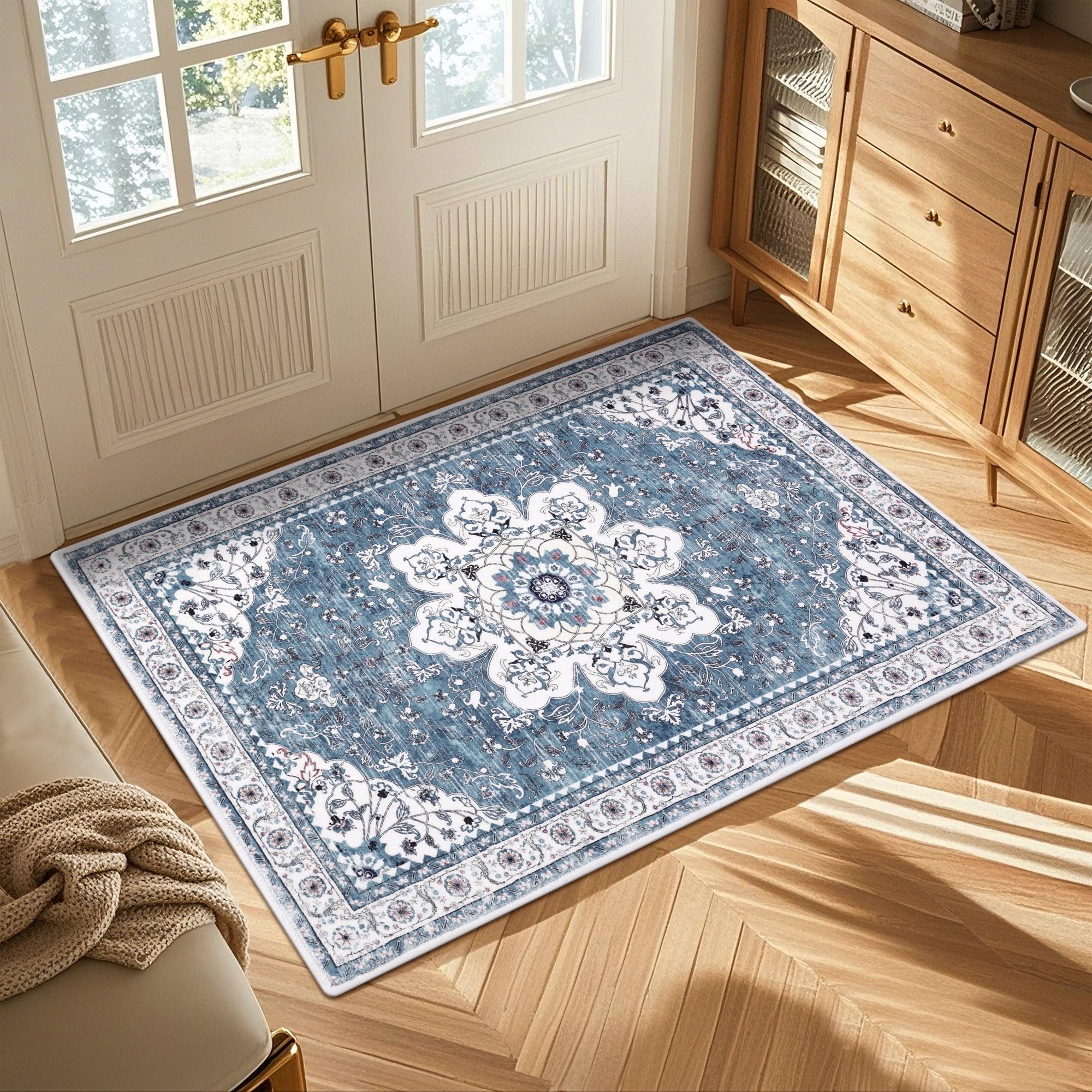 Polyester Machine Washable Blue Oriental Area Rug