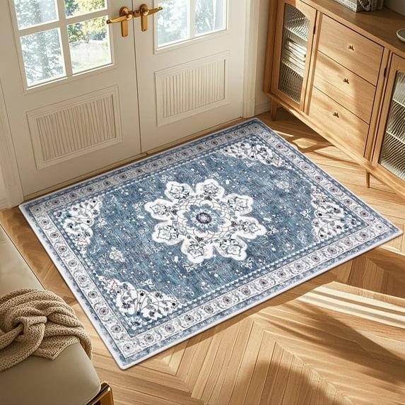Machine Washable Non-Slip Blue Oriental Area Rug