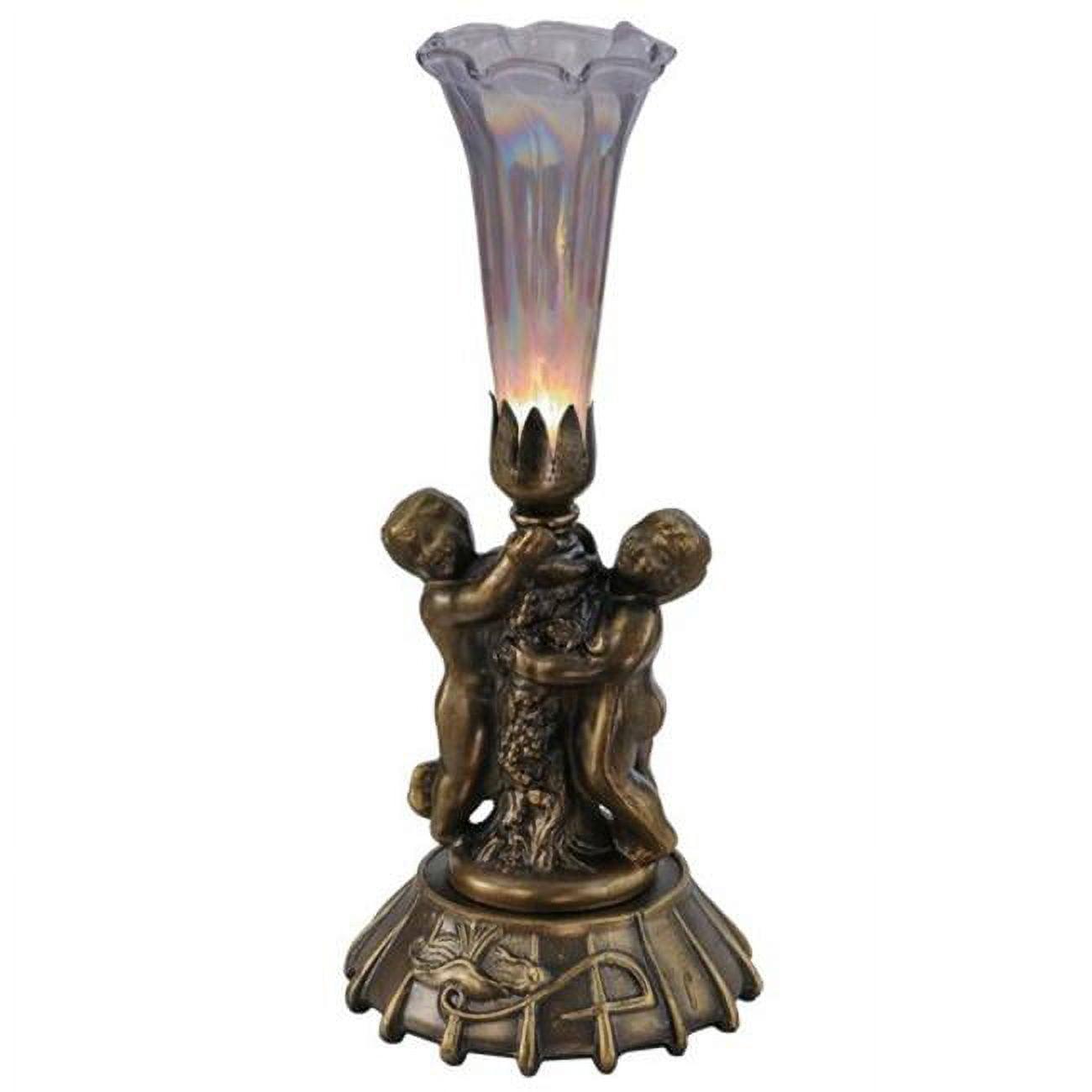 Purple Iridescent Glass and Bronze Cherub Table Lamp