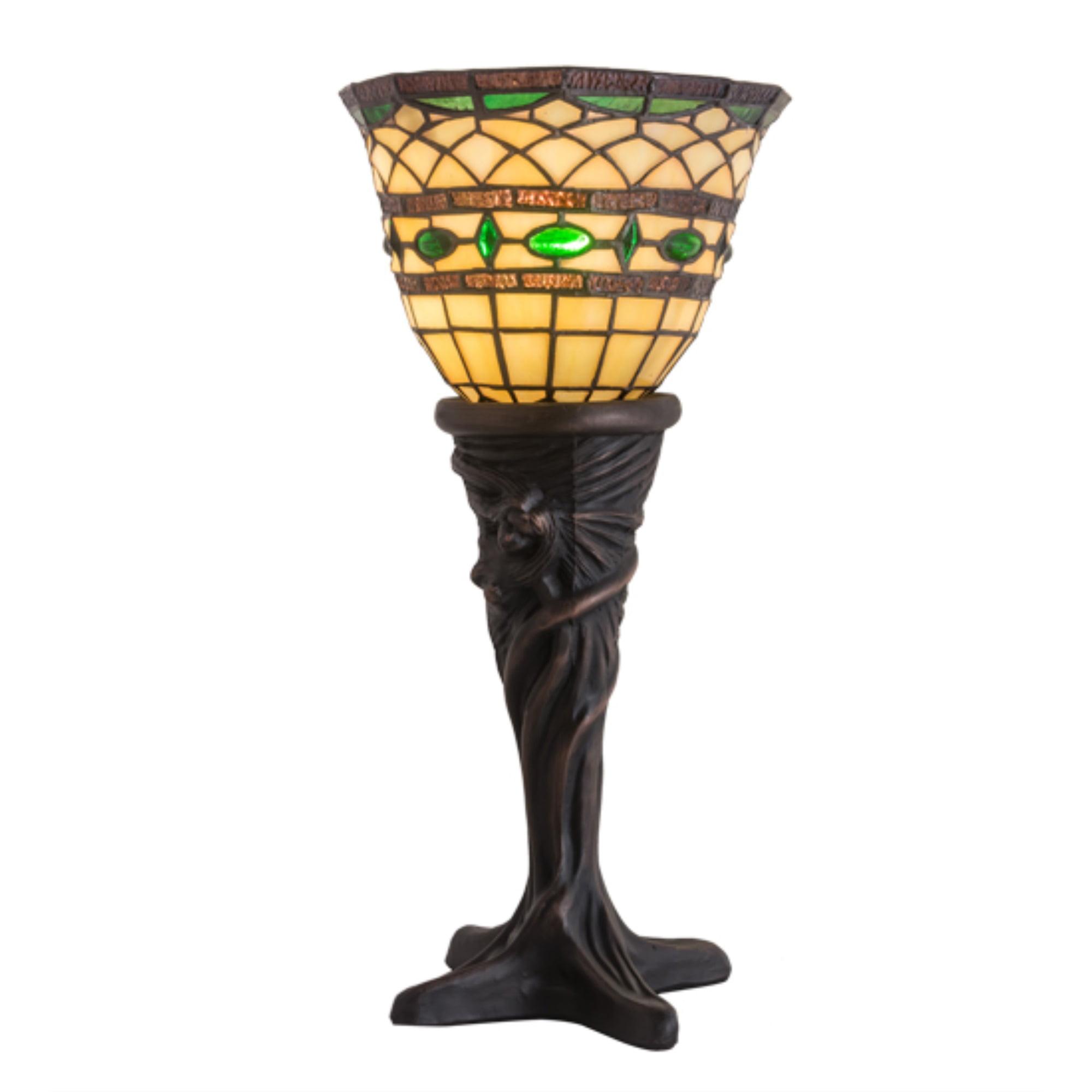 Emerald Jewel Accents Stained Glass & Mahogany Bronze Mini Lamp