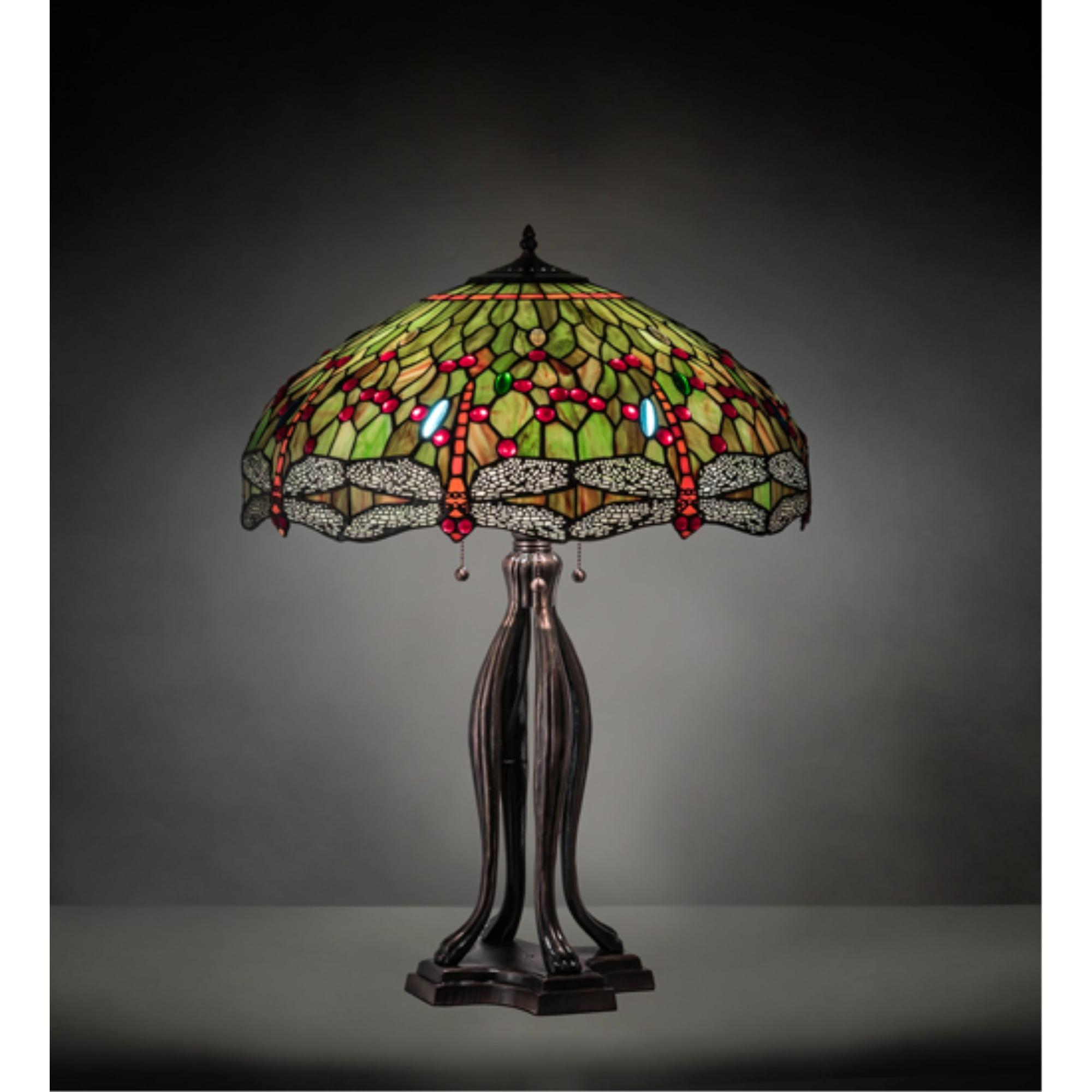 Mahogany Bronze 3-Light Table Lamp with Ruby Coral Green Stained Glass