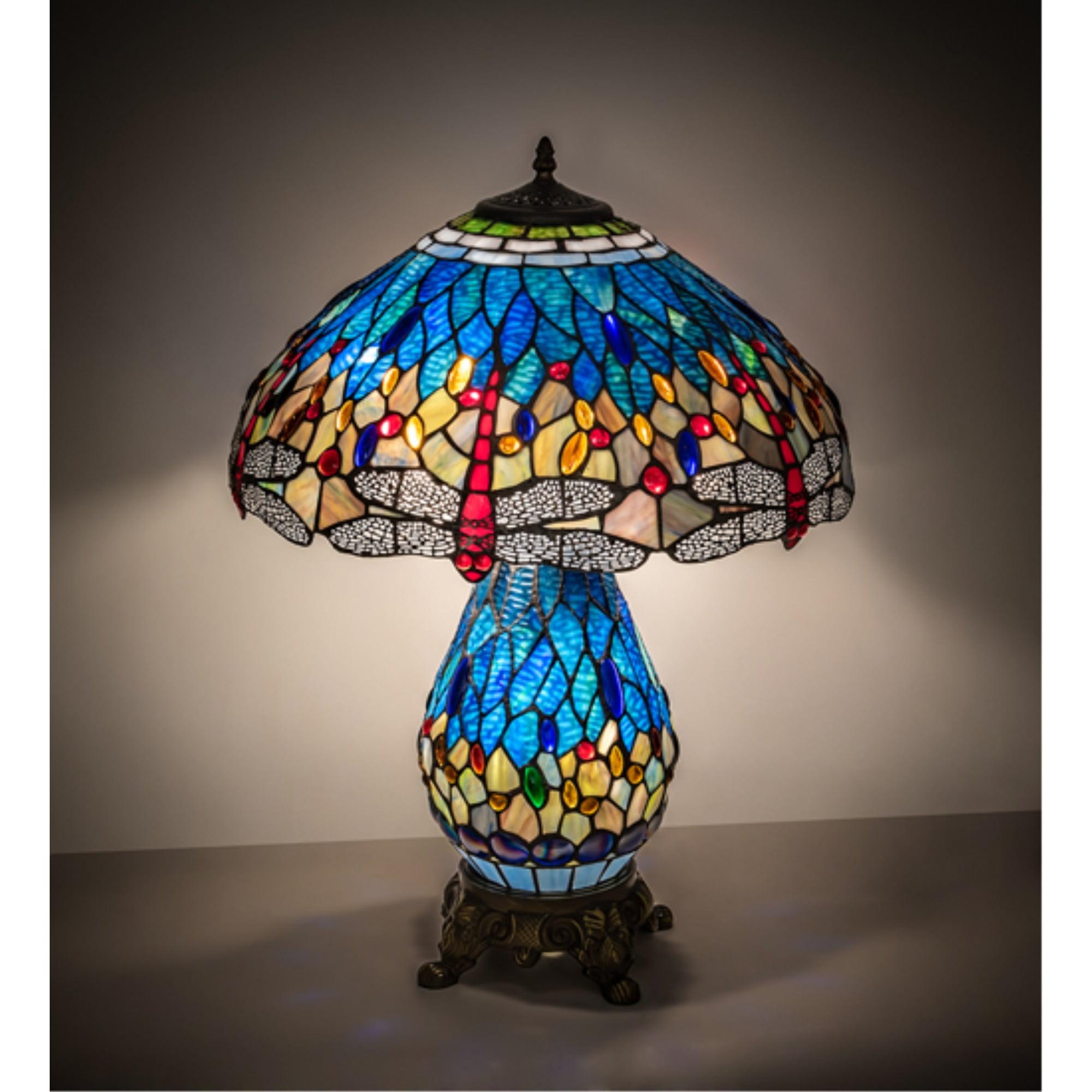 25" Multicolor Stained Glass and Bronze Dragonfly Table Lamp