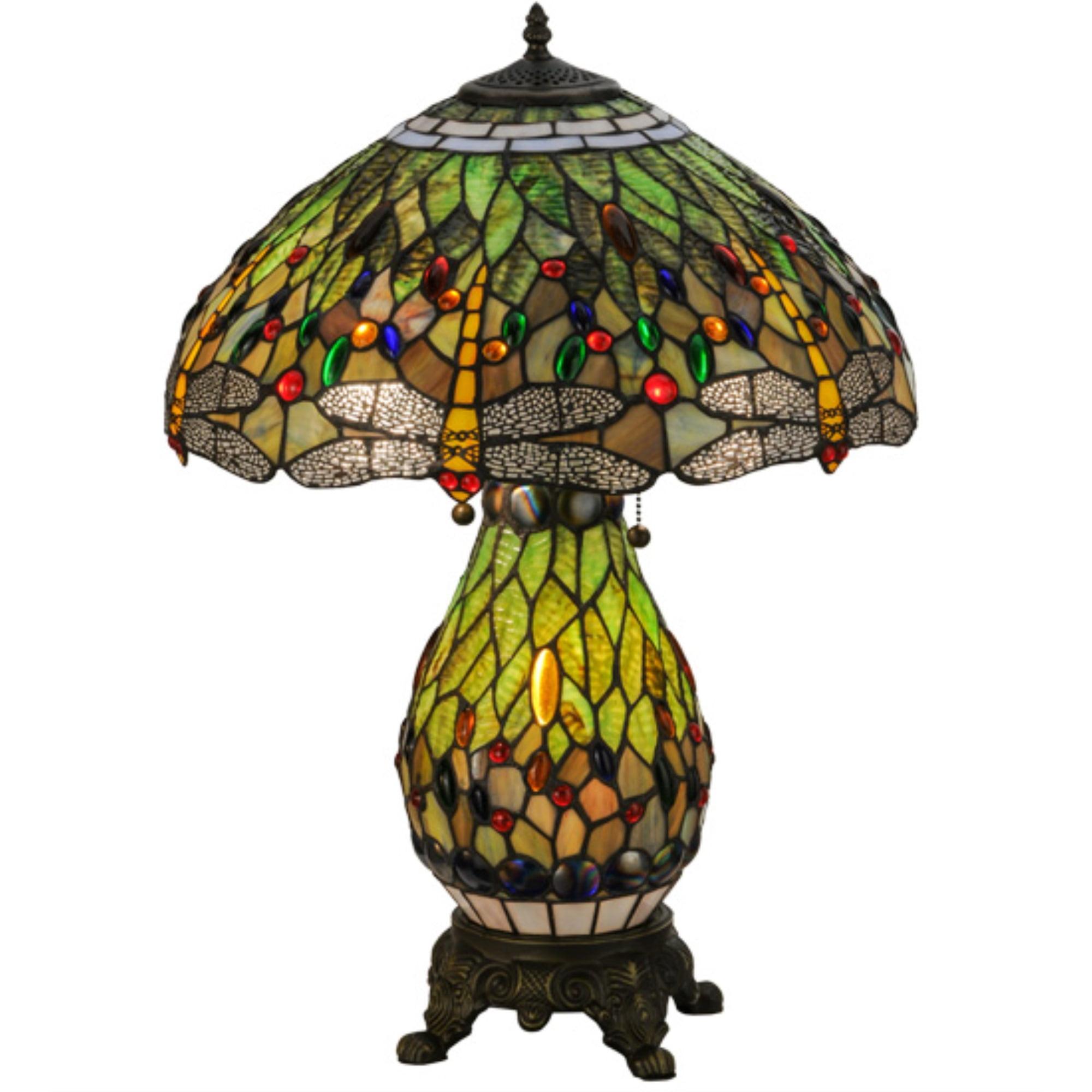 25" Mahogany Bronze Stained Glass Dragonfly Table Lamp