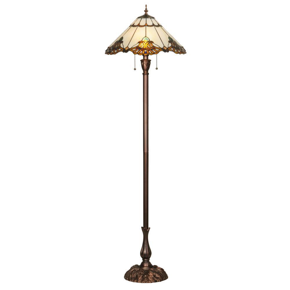 63" Blue and Amber Stained Glass Floor Lamp with Mahogany Bronze Base