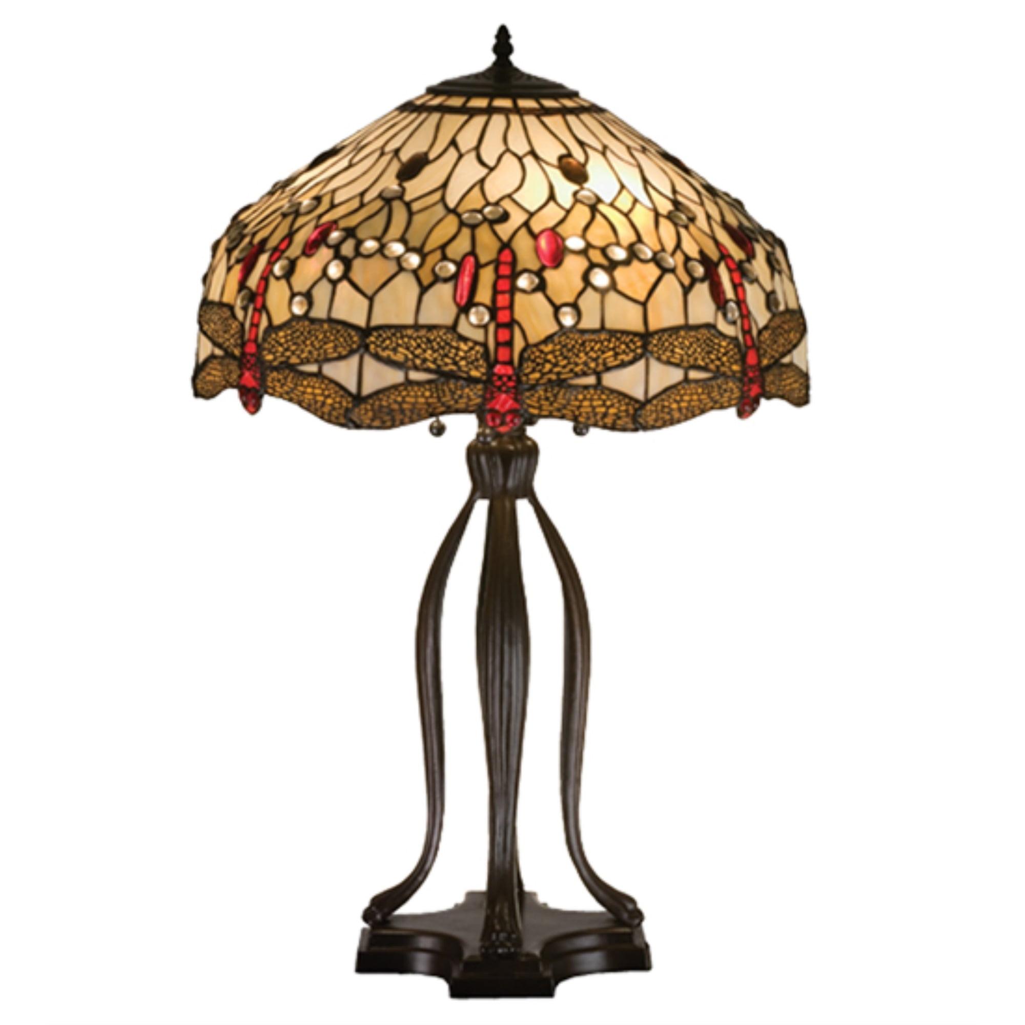 Scarlet Dragonfly 3-Light Stained Glass Table Lamp in Mahogany Bronze