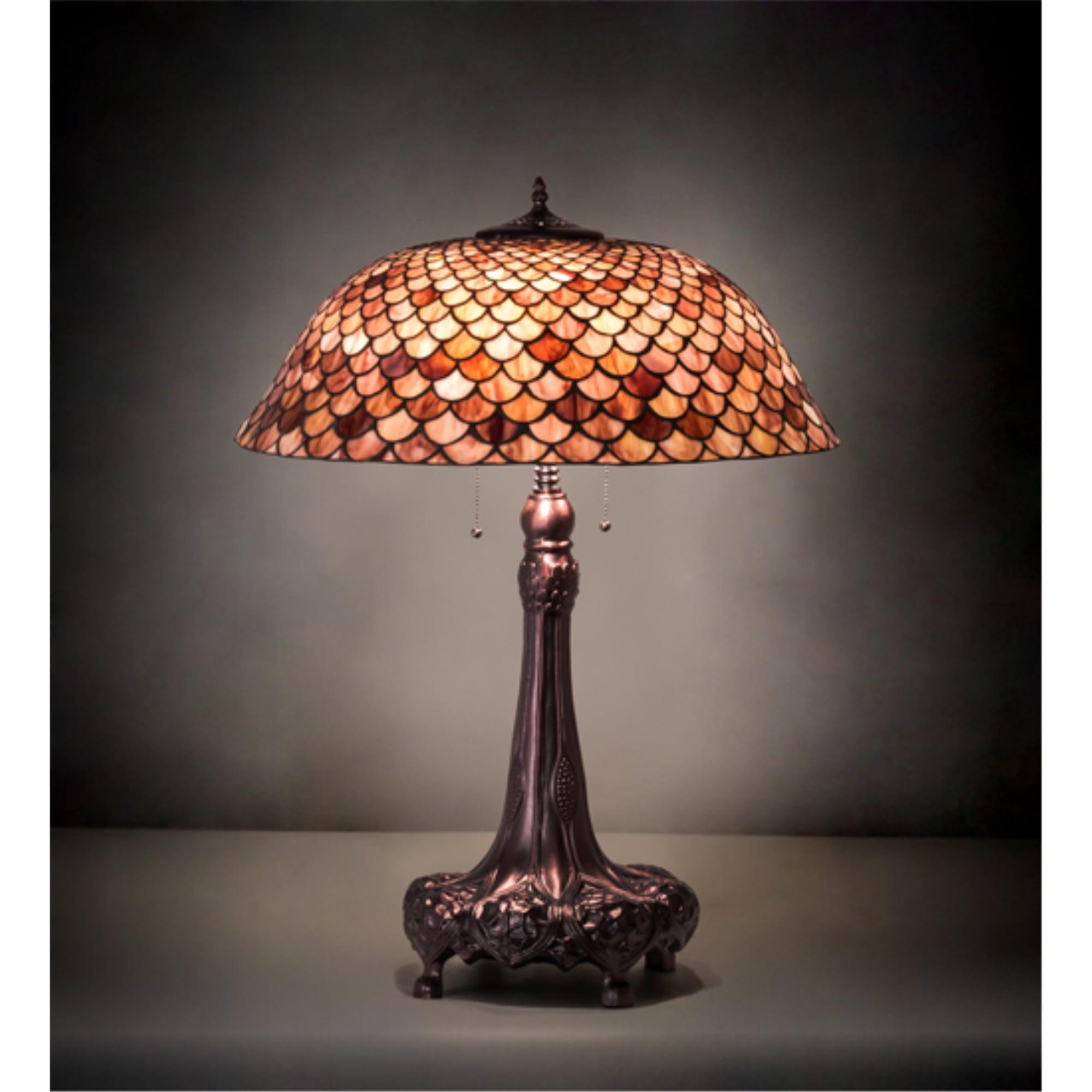 Mahogany Bronze 3-Light Desk Lamp with Ruby Stained Glass Shade