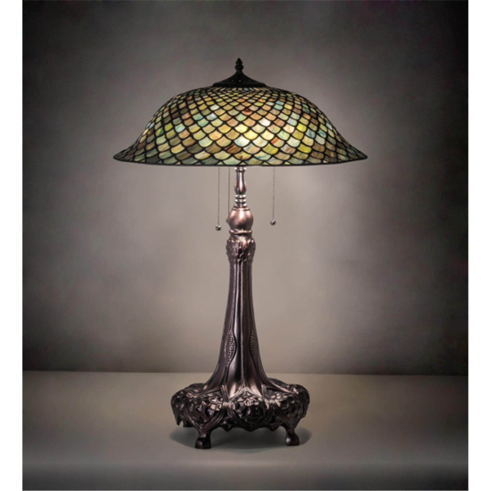 Meyda Tiffany-Inspired 3-Light Mahogany Bronze Table Lamp with Green Stained Glass