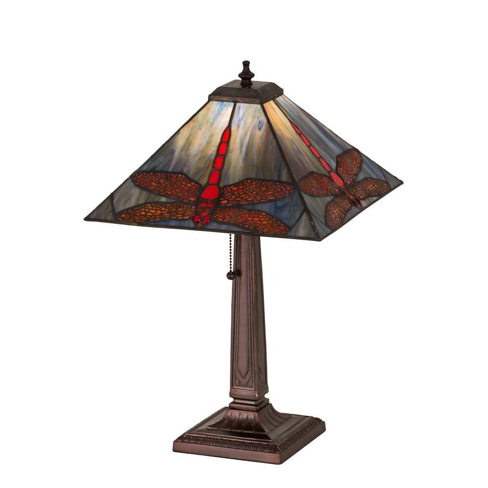 21" Multicolor Stained Glass Dragonfly Table Lamp with Bronze Base