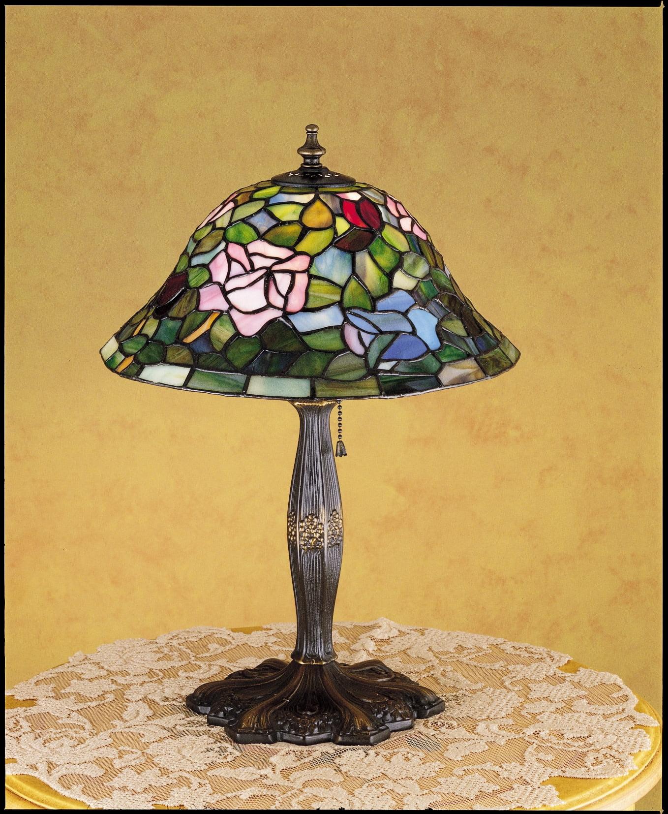 Tiffany Rosebush Stained Glass Table Lamp with Mahogany Bronze Base