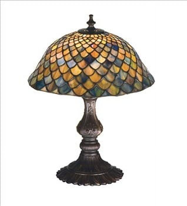 Emerald Sapphire Fishscale 15" Stained Glass Accent Lamp in Mahogany Bronze