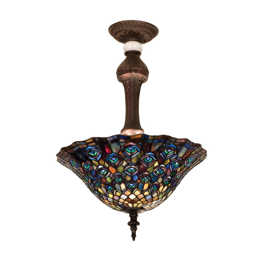 Meyda Tiffany Inspired 3-Light Peacock Feather Semi-Flush Mount