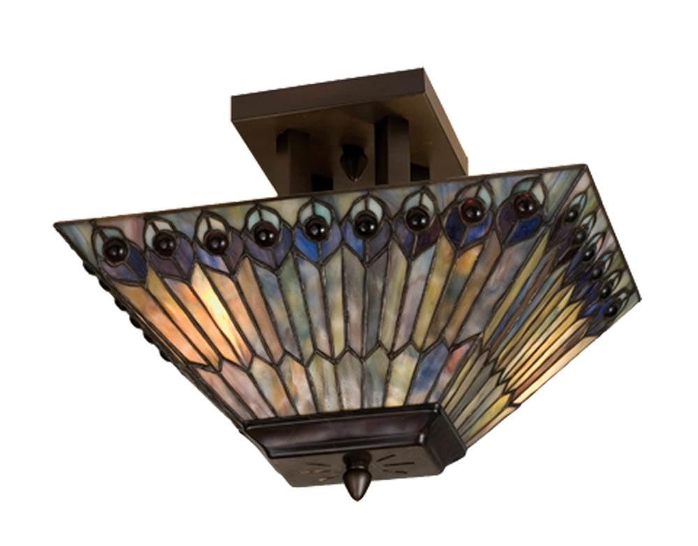 Bronze Peacock 2-Light Semi-Flush Mount with Stained Glass