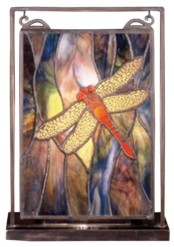 Scarlet Dragonfly 10.5" Bronze Stained Glass Mini Tabletop Window