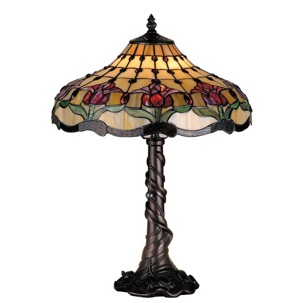 19.5" Mahogany Bronze Stained Glass Table Lamp with Tulip Design