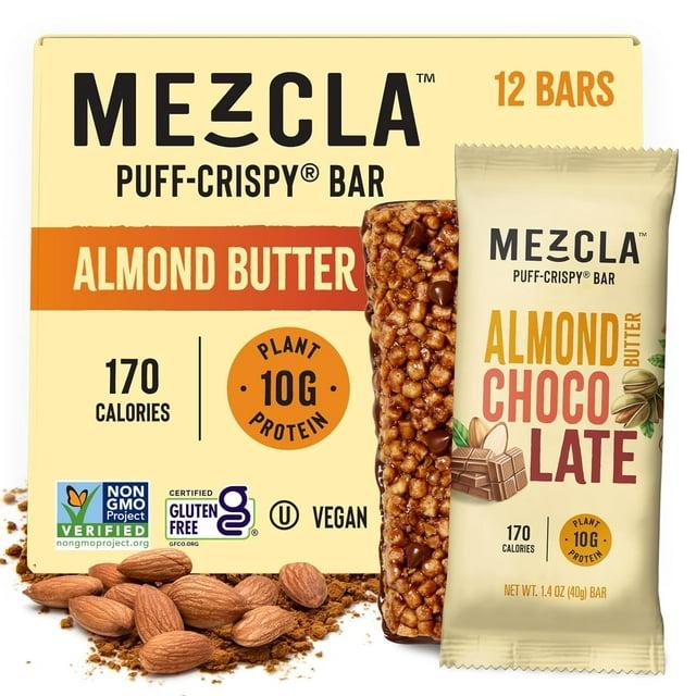 Mezcla Puff Crispy Protein Bars, Gluten Free & Vegan Protein Bars, 10g Protein, Alt for Crispy Rice Treat, Granola Bars & Breakfast Bars, Healthy Snacks for Adults, Almond Butter Chocolate, 12 Pack