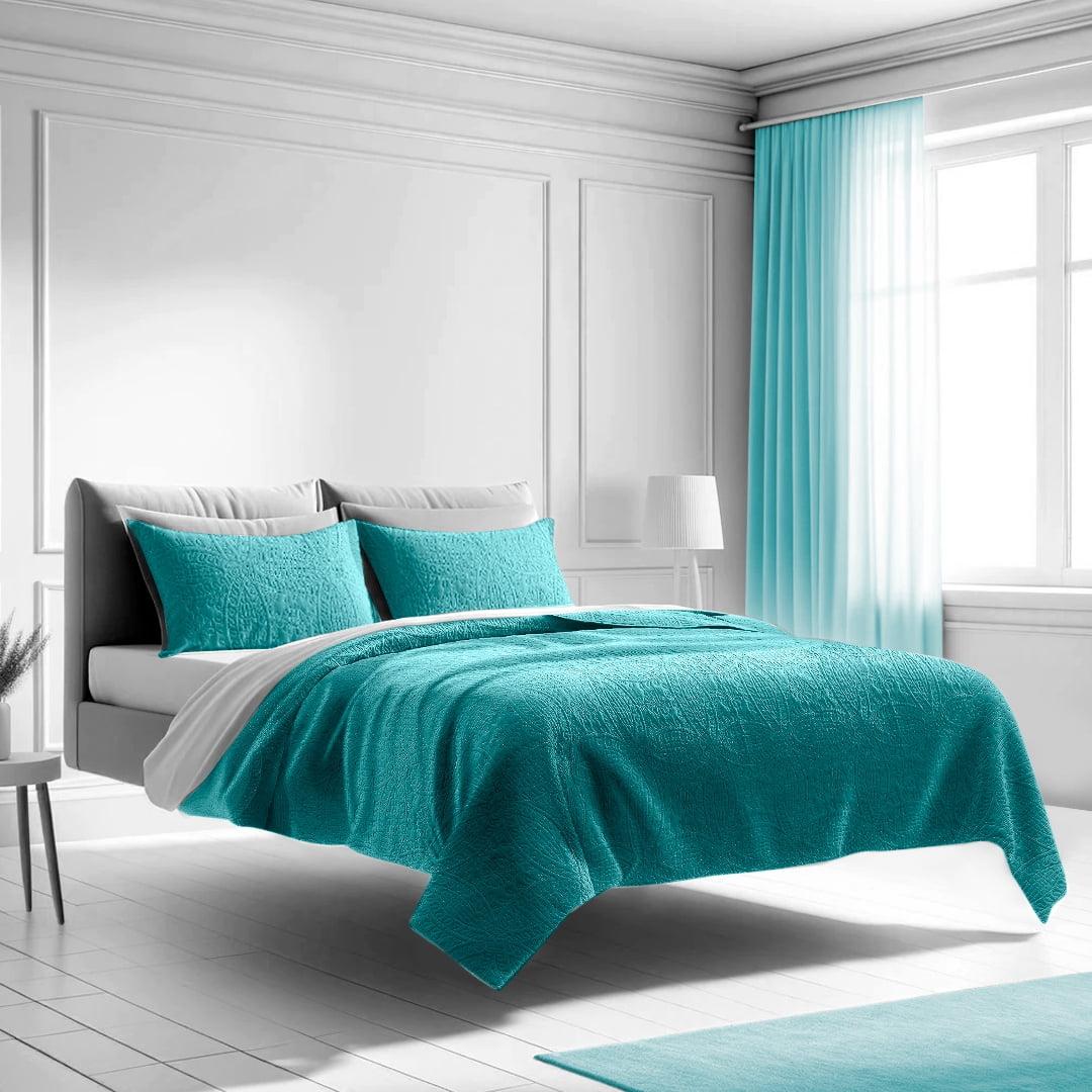 Blue Ocean Teal Brushed Microfiber Queen/Full Quilt Set