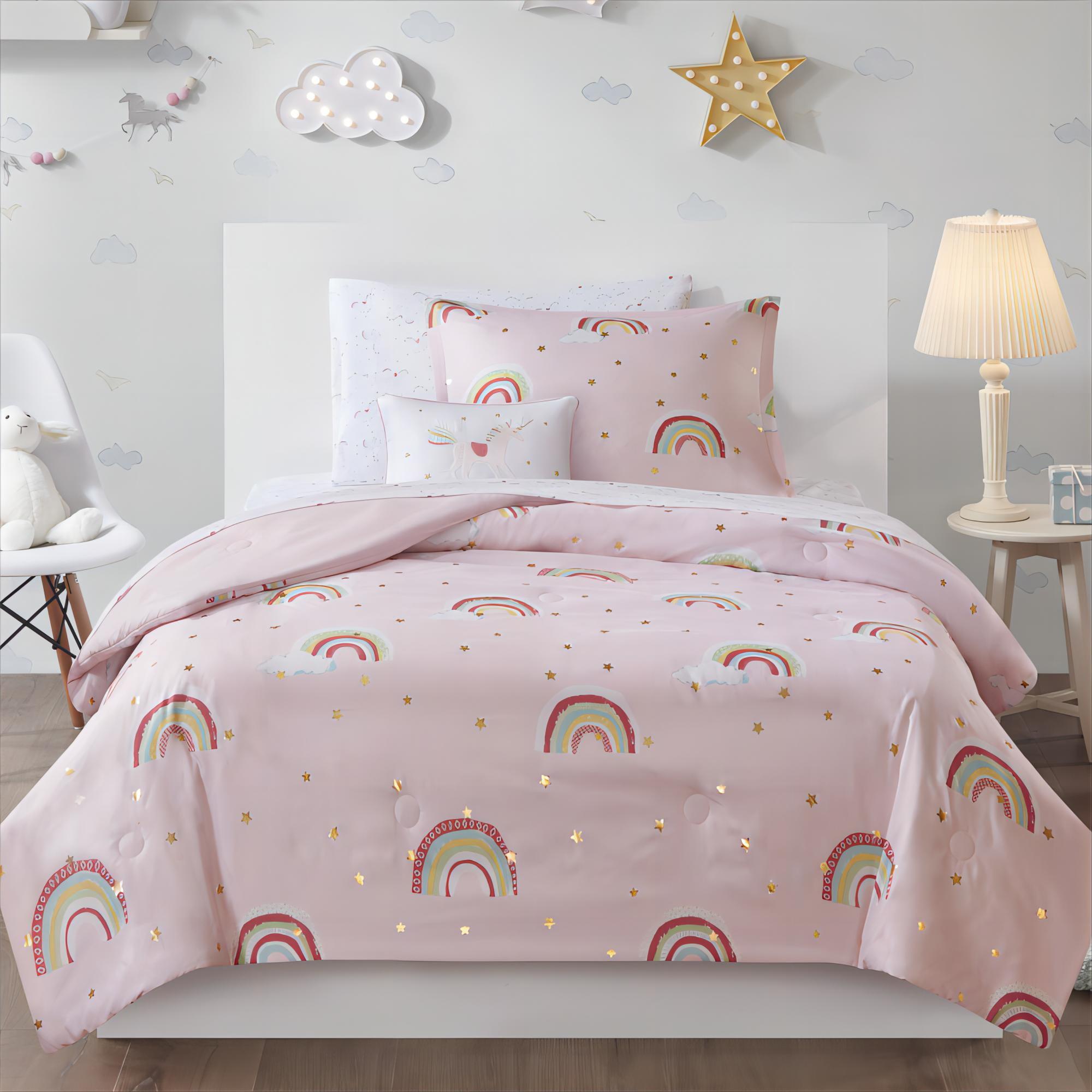 Alicia Rainbow and Metallic Stars Comforter Set with Bed Sheets