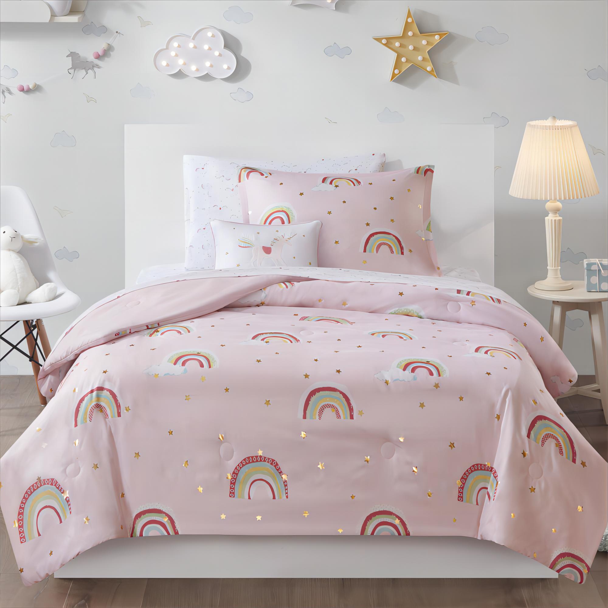 Intelligent Design Kids Alicia Rainbow and Metallic Stars Comforter Set with Bed Sheets