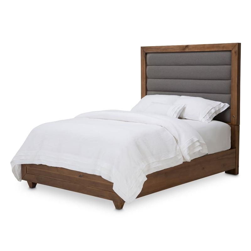 King Gray Upholstered Panel Bed with Acacia Wood Frame