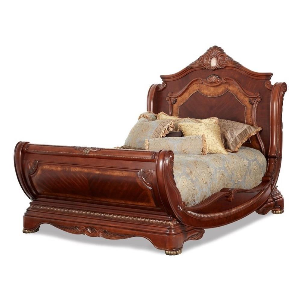 Honey Walnut King Sleigh Bed with Carved Wood Headboard