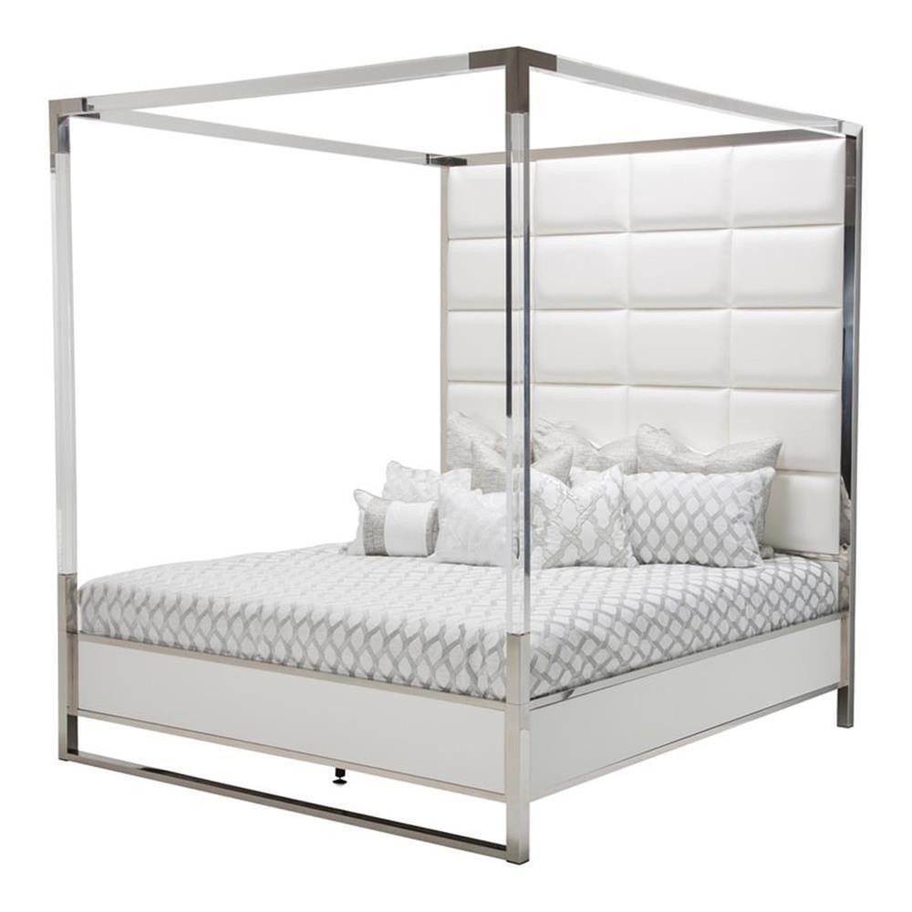 White Faux Leather and Metal Queen Canopy Bed with Acrylic Frame