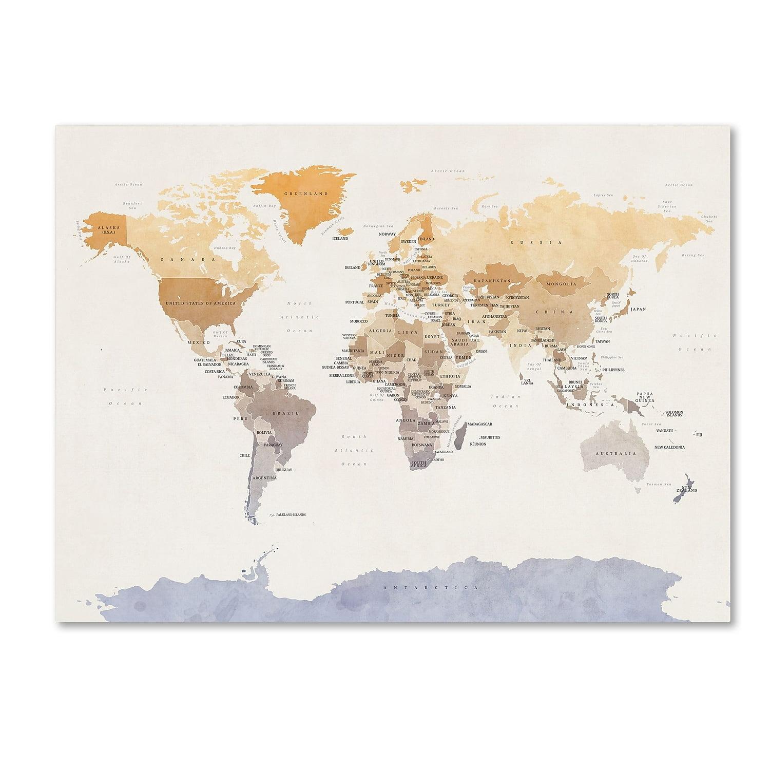 Trademark Fine Art -Michael Tompsett 'Watercolour Political Map of the World' Canvas Art - 24''x32''