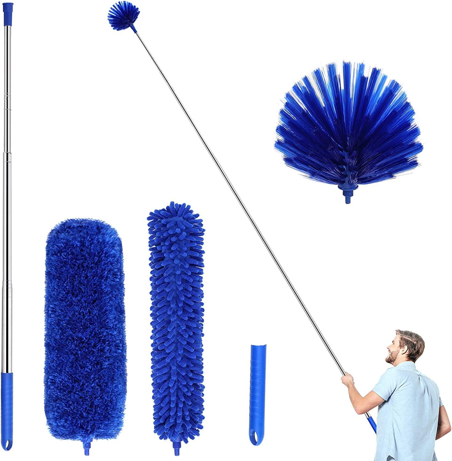 Microfiber Dusters w 2 Handle Sets, Durable 15~100 Inchs Long Telescopic Rod, Washable, Feather Dusters for Cleaning Cobweb, Ceilings Fans (5 Pack)…… Blue