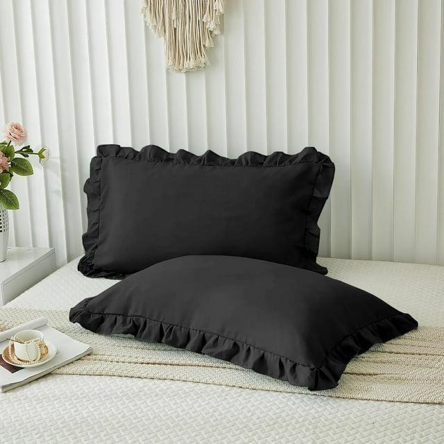 Grace Linen Ruffle Pillow Shams Standard Size Set of 2, 20X26 - Microfiber Soft & Breathable & smooth - Ruffle Pillowcases 20X26 - Black
