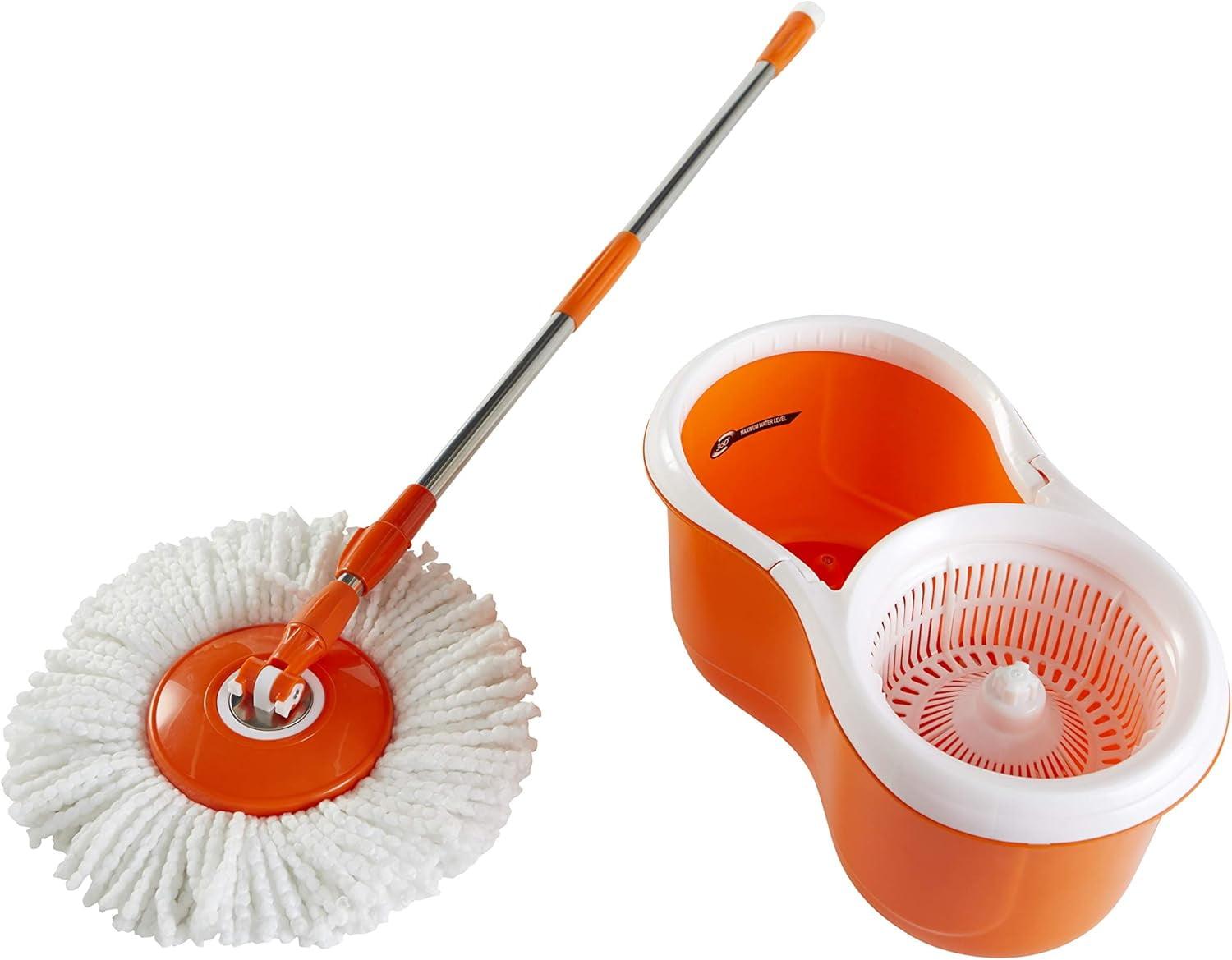 Orange Microfiber Spin Mop with Telescopic Metal Handle and Bucket