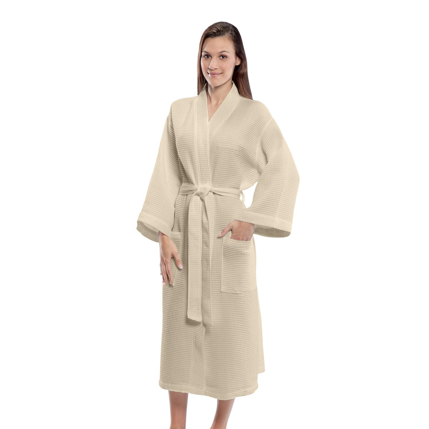 Mid Calf Length Waffle Weave Kimono Easy Fit Robe-Beige
