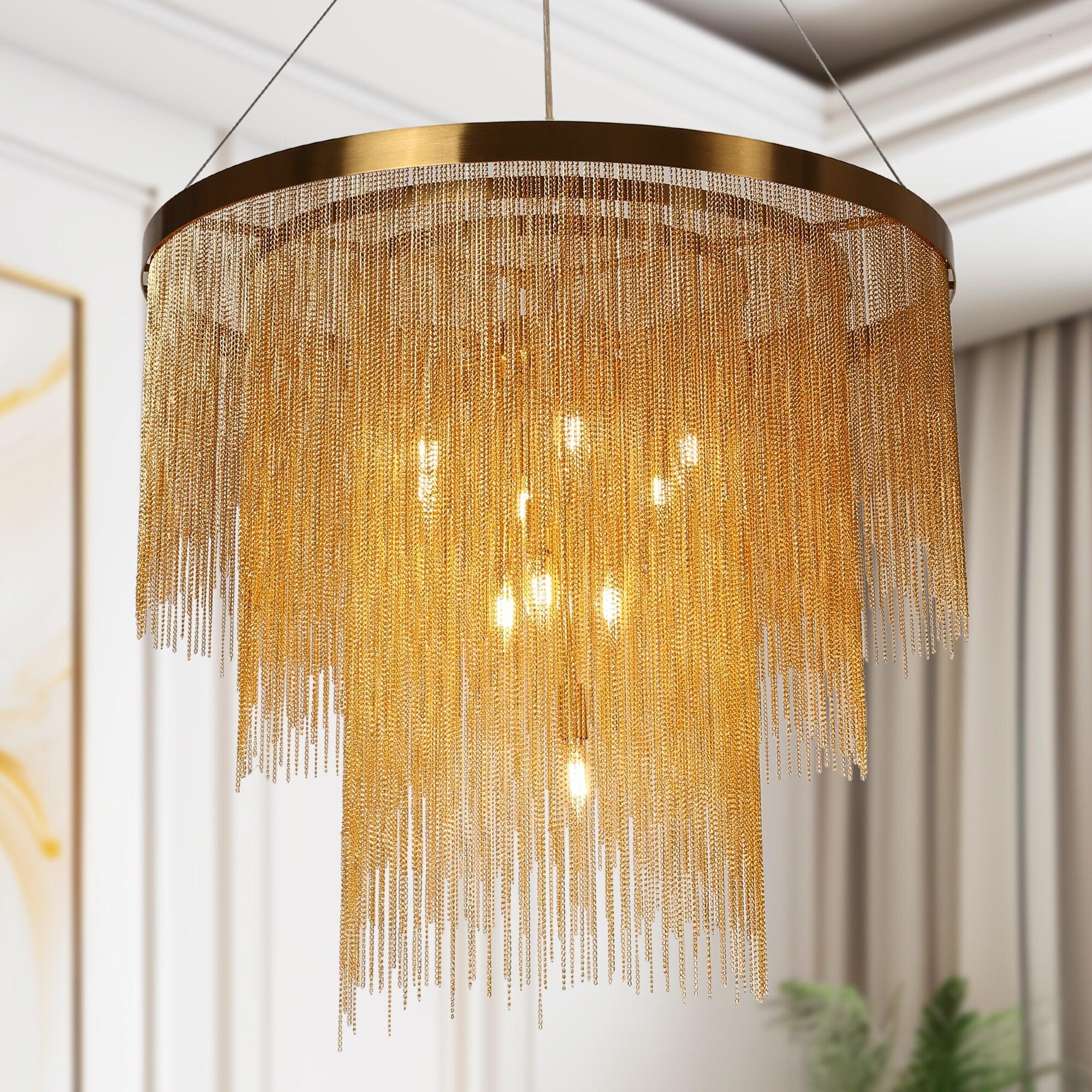 Gold 3-Tier Chain Tassel Drum Chandelier