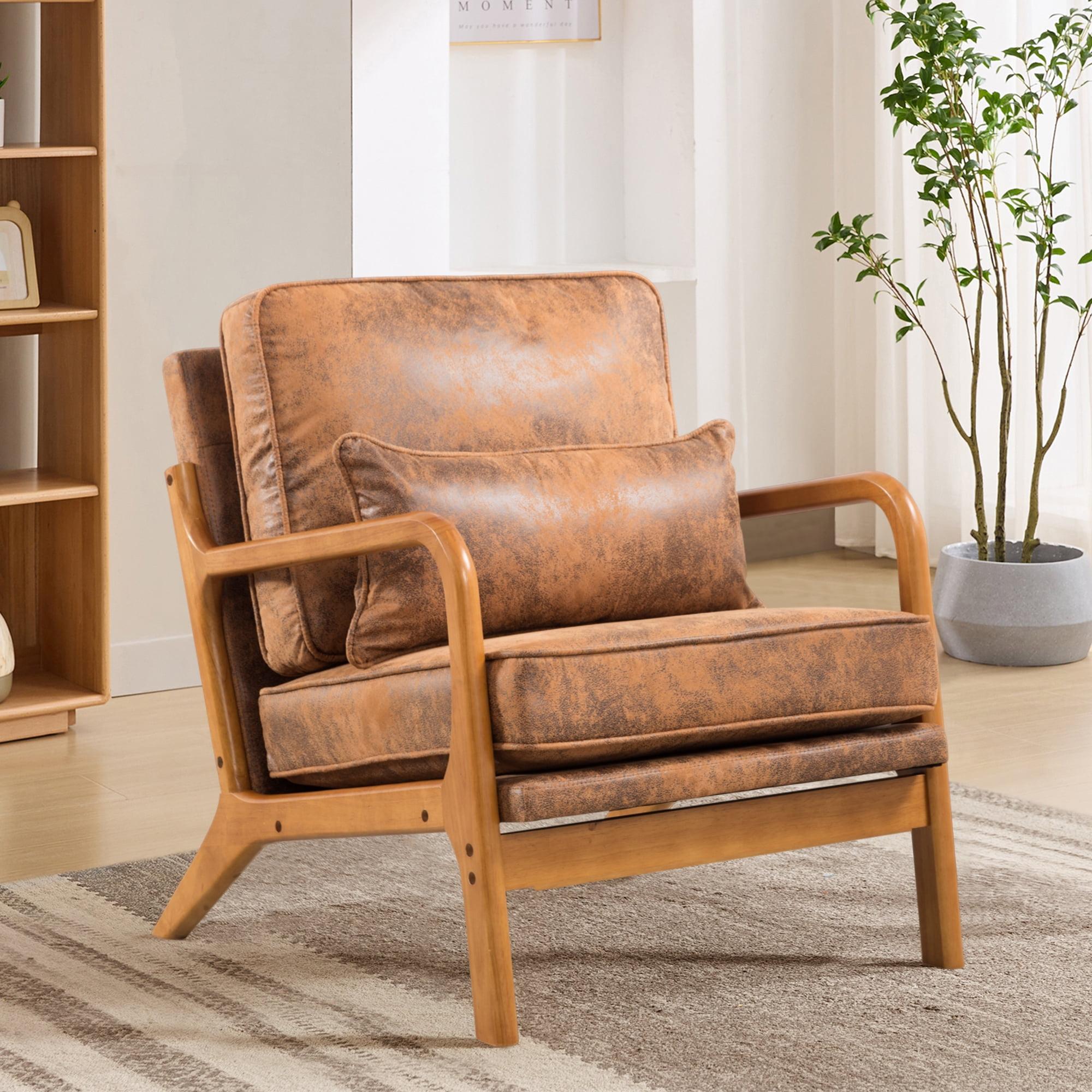 Mid Century Modern Accent Chair,Upholstered Armchair with Solid Wood Frame and Pillows,Reading Leisure Chair for Living Room, Bedroom, Belcony,Brown+Linen