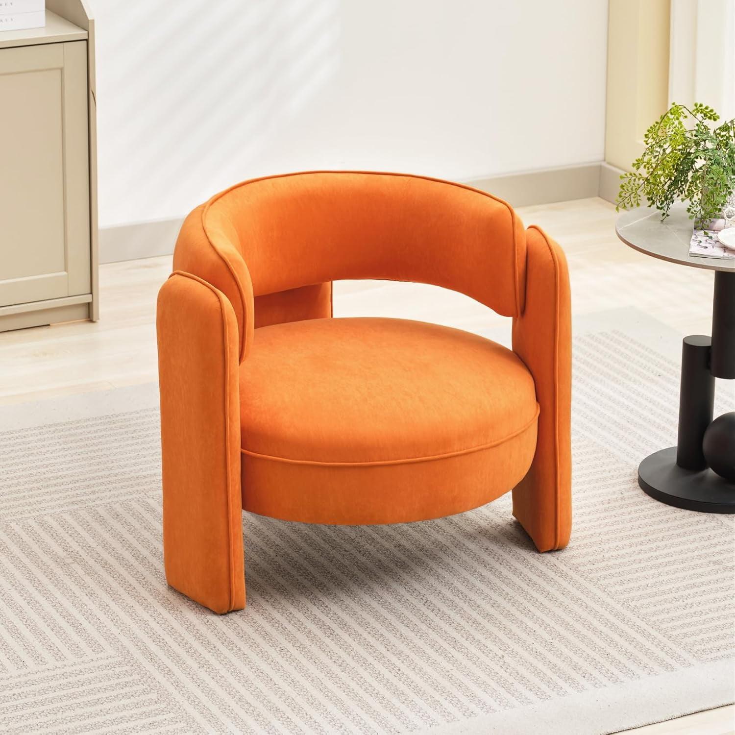 Mid-Century Modern Orange Velvet Barrel Accent Chair