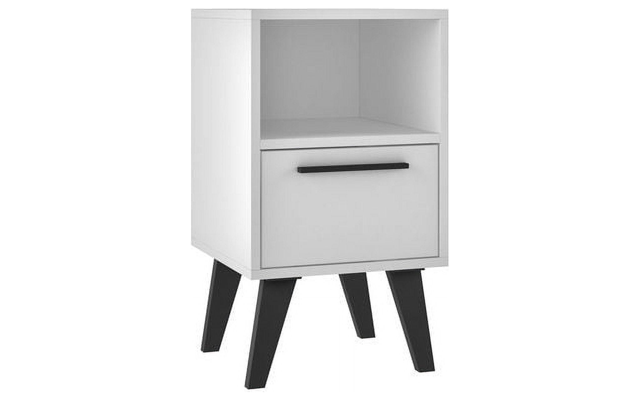 Amsterdam White Mid-Century Modern Nightstand with Open Shelf and Drawer