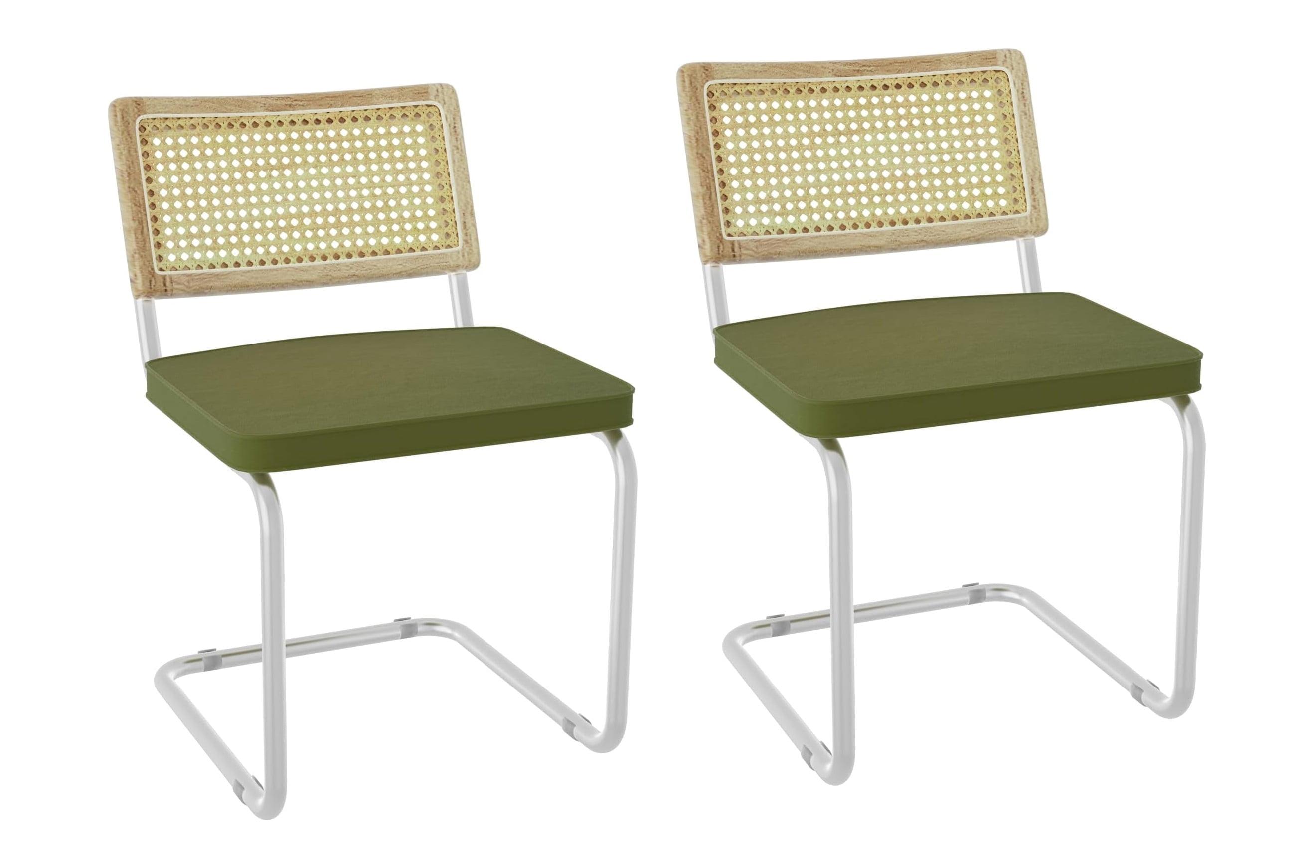 Set of 2, -Century Modern Rattan Backrest Dining Chair - Natural Wood Upholstered Seat with Metal Legs for Home Dining Room Kitchen - Olive Green