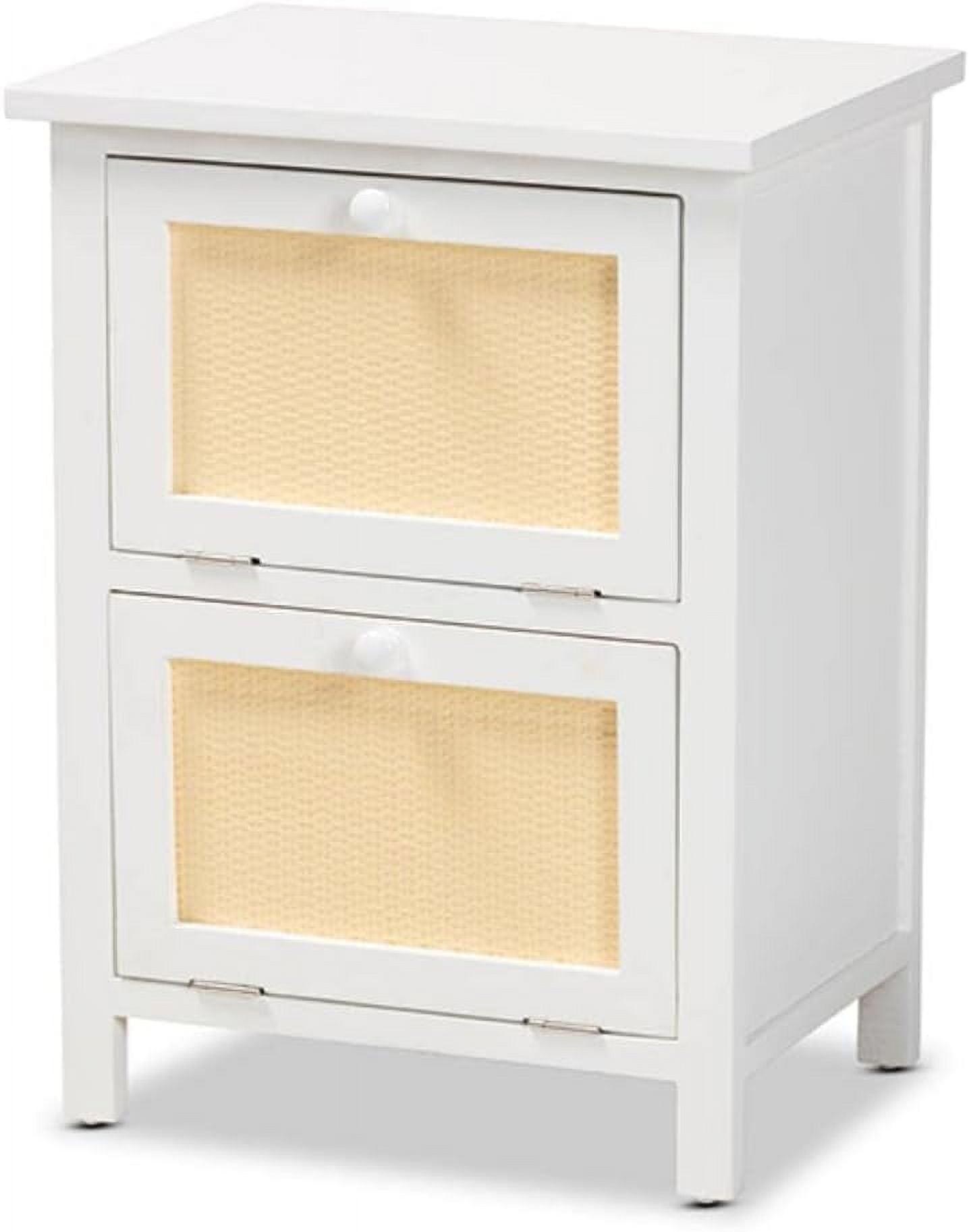 Sariah Wood Rattan 2 Door Nightstand White - Baxton Studio: Bohemian Style, Bedside Storage, No Assembly Required