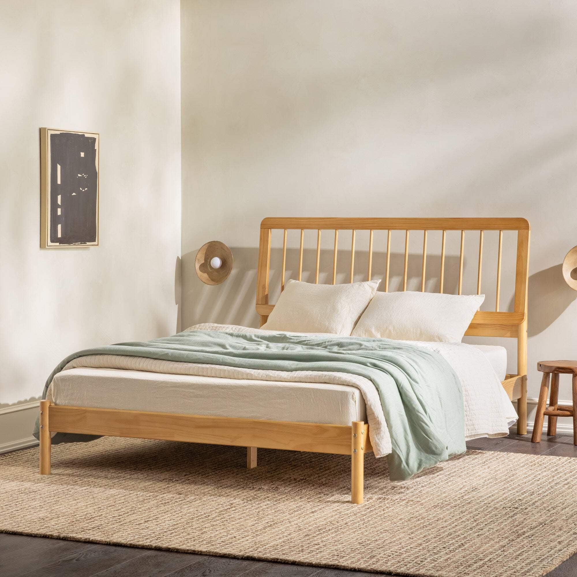 Walker Edison Mid-Century Modern Slatted Solid Wood Queen Bedframe, Natural Pine