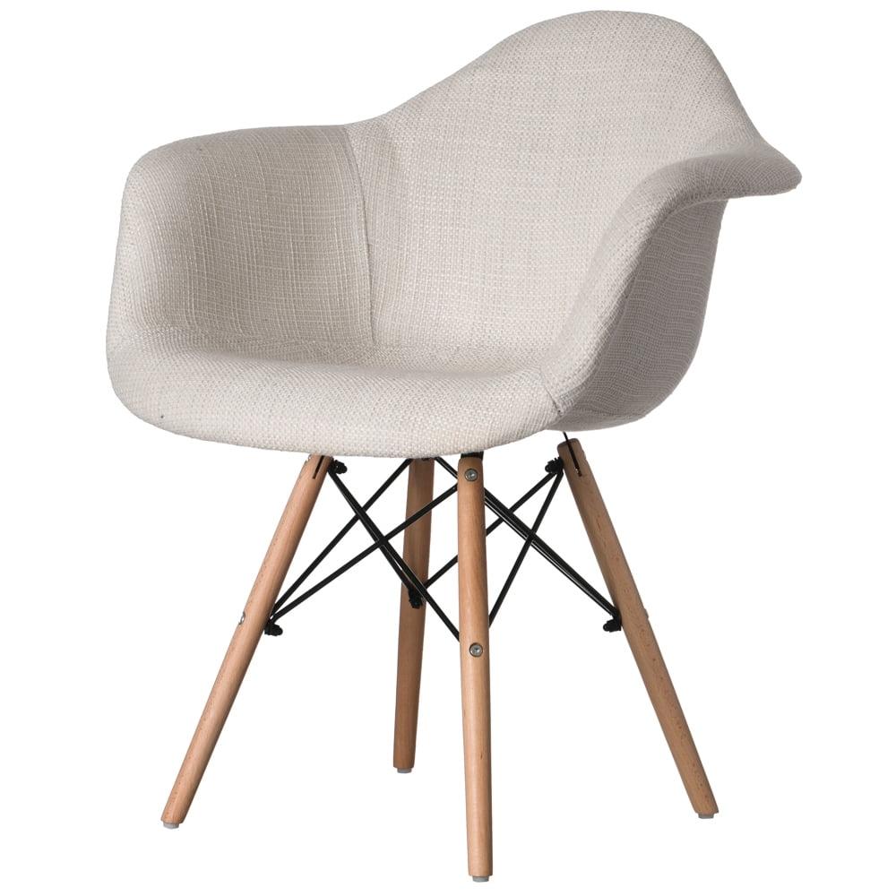 White Fabric Lined Armchair with Beech Wooden Legs