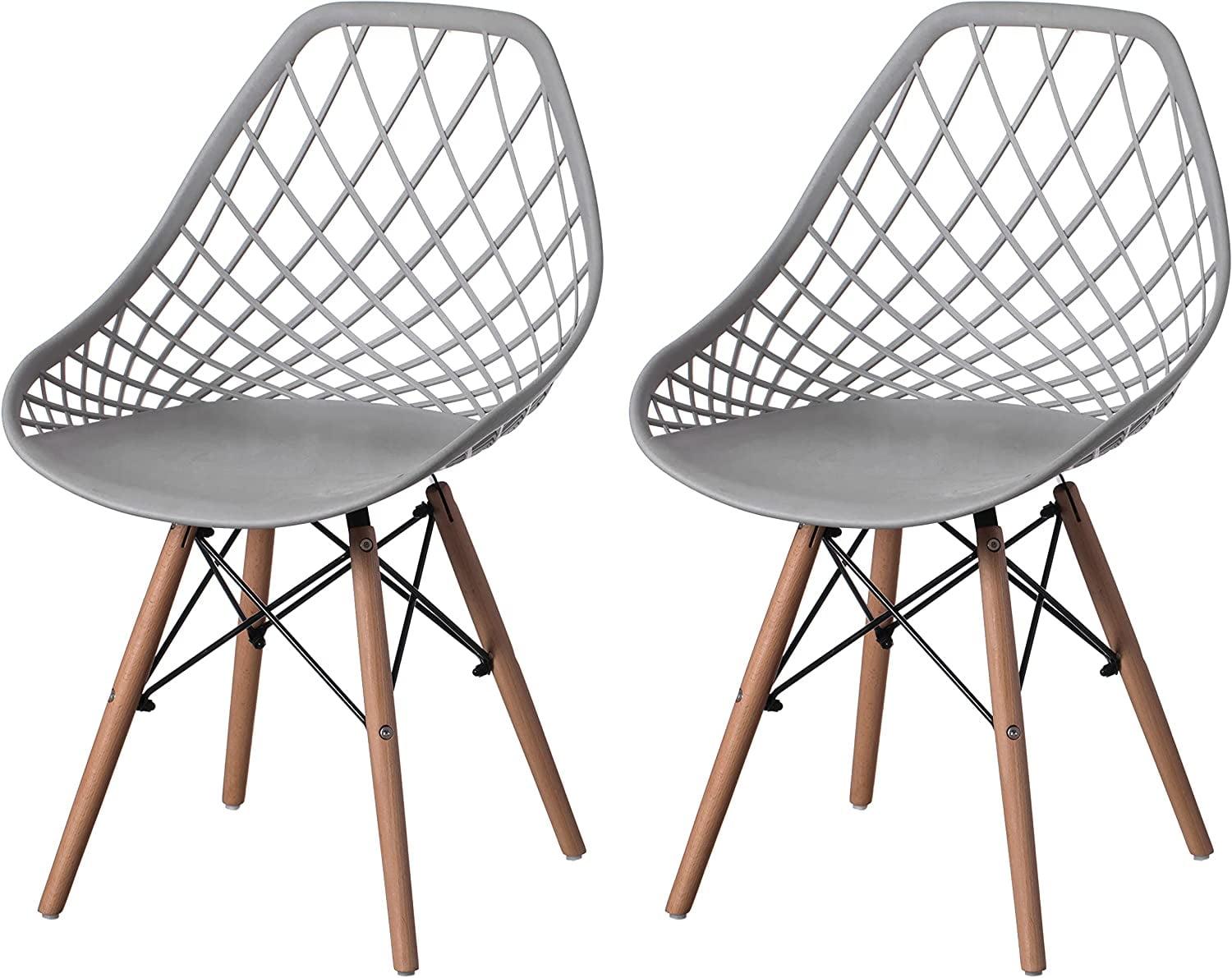 Mid-Century Modern Style Plastic DSW Shell Dining Chair with Lattice Back and Wooden Dowel Eiffel Legs, Grey Set of 2