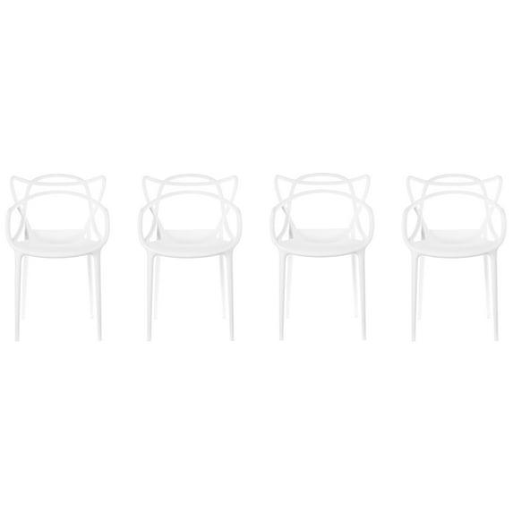 Fabulaxe Mid-Century Modern Style Stackable Plastic Molded Arm Chair with Entangled Open Back, Set of 4 White