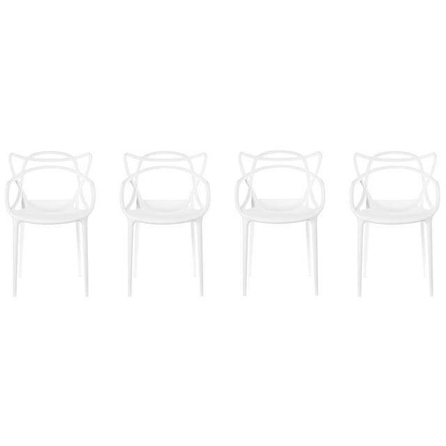 Fabulaxe Mid-Century Modern Style Stackable Plastic Molded Arm Chair with Entangled Open Back, Set of 4 White