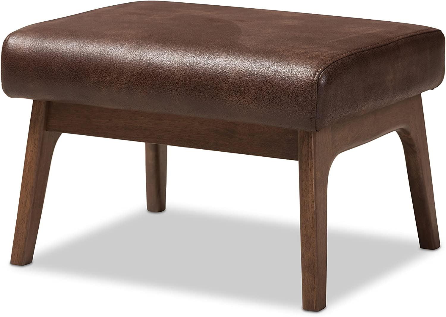 Bianca 19'' Walnut Wood Distressed Dark Brown Faux Leather Ottoman