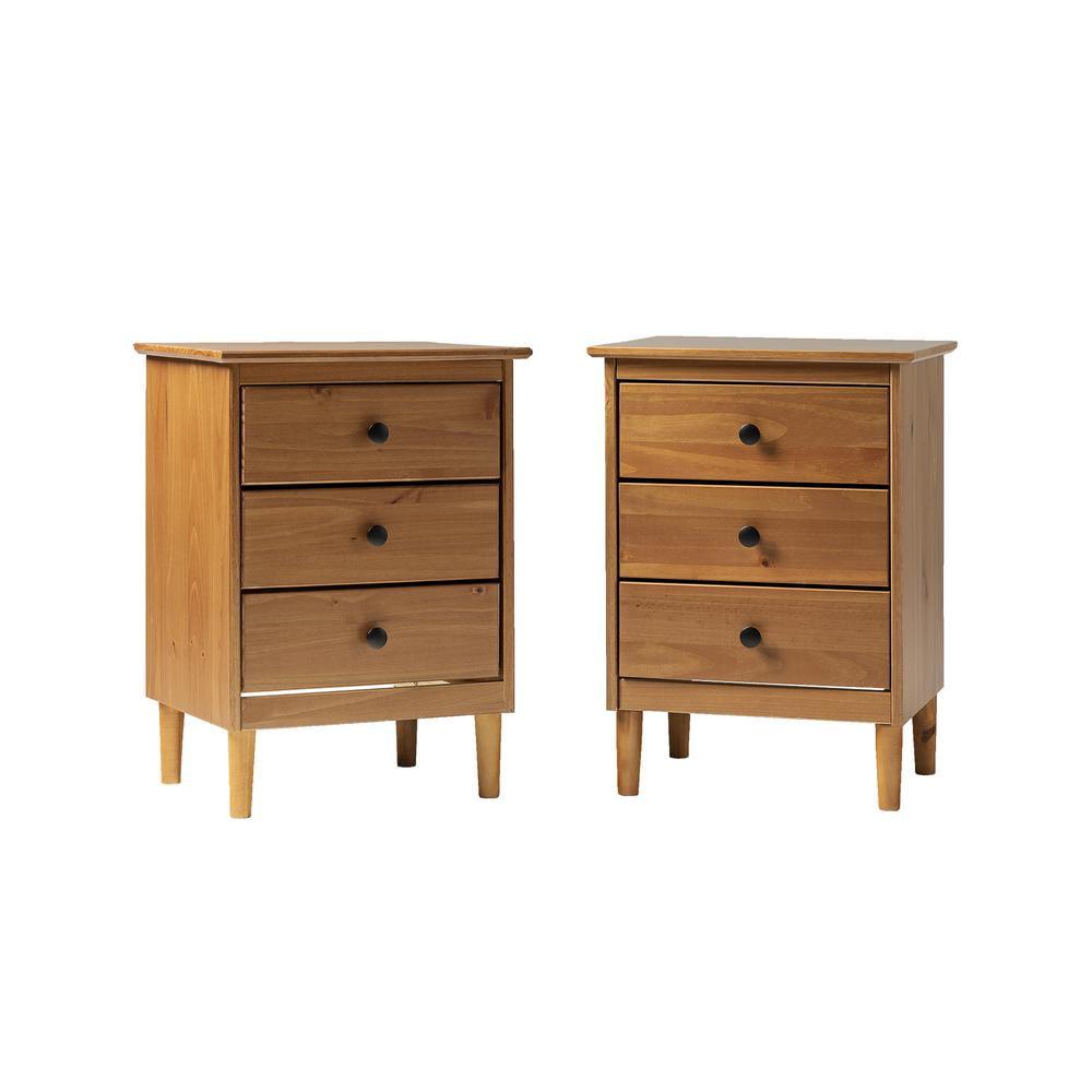 Mid-Century Solid Wood 3-Drawer Bedroom Nightstand in Caramel (Set of 2)