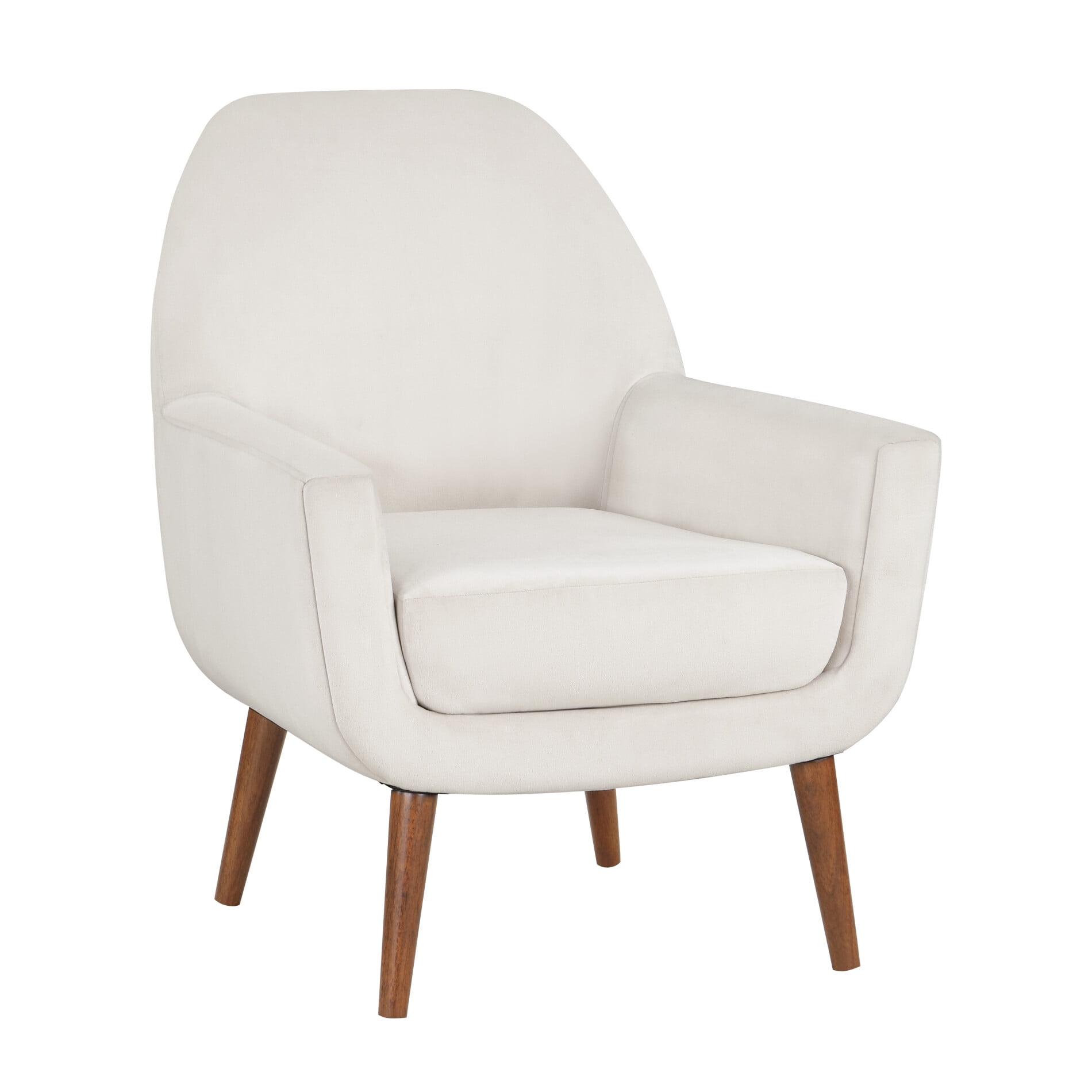 Accera Mid-Century Sea Oat Cream Velvet Arm Chair with Brown Solid Wood Legs