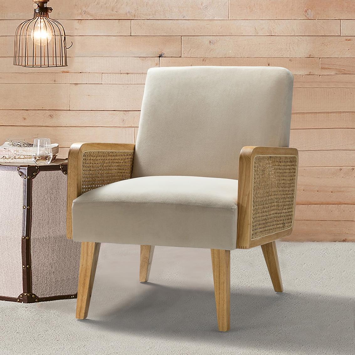 Handcrafted Tan Velvet Accent Chair with Manufactured Wood Frame