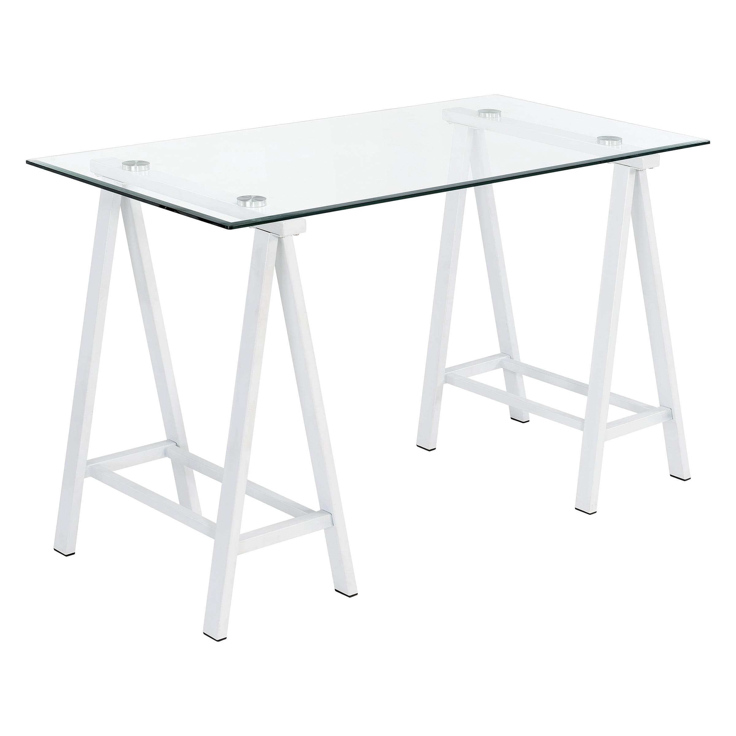 Middleton 54" Modern Writing Desk with Beveled Glass Top and White Base