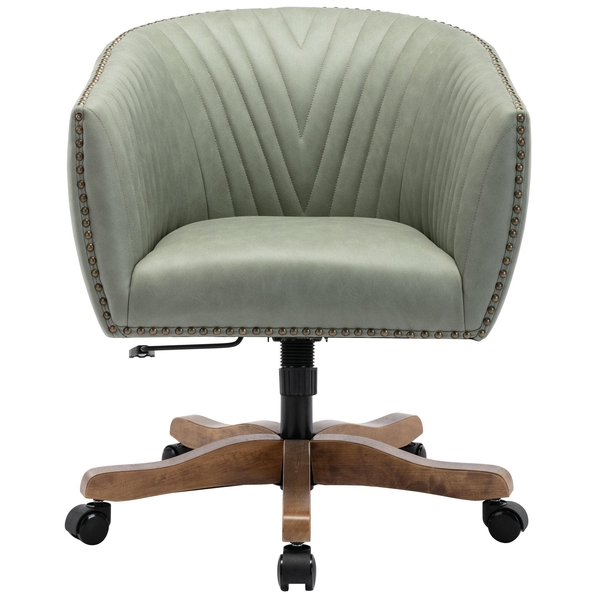 Green Faux Leather Barrel Task Chair with Walnut Wood Base