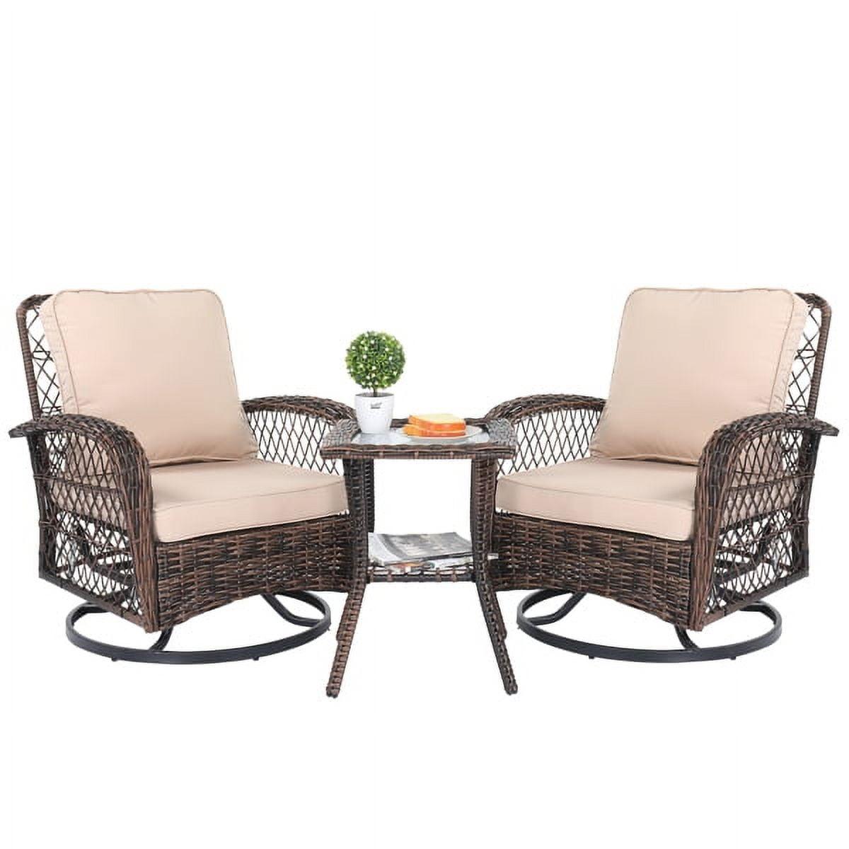 Brown Gradient Wicker Patio Bistro Set with Cushions and Glass Table